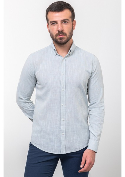 Kırçıllı Mavi Slim Fit Uzun Kollu Erkek Gömlek modelleri
