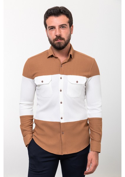 Parçalı Kamel Rengi Slim Fit Uzun Kollu Pamuk Erkek Gömlek