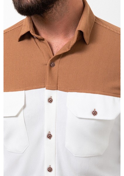 Parçalı Kamel Rengi Slim Fit Uzun Kollu Pamuk Erkek Gömlek fiyatları