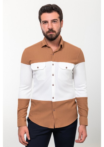 Parçalı Kamel Rengi Slim Fit Uzun Kollu Pamuk Erkek Gömlek modelleri