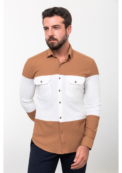 Parçalı Kamel Rengi Slim Fit Uzun Kollu Pamuk Erkek Gömlek fırsatları