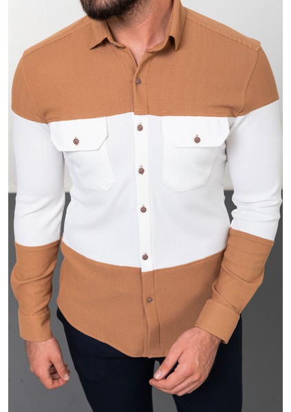 Parçalı Kamel Rengi Slim Fit Uzun Kollu Pamuk Erkek Gömlek indirimleri