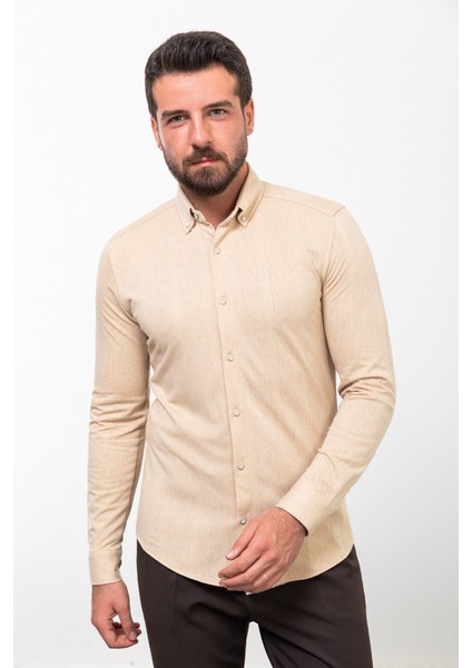 Desenli Bej Slim Fit Uzun Kollu Pamuk Erkek Gömlek
