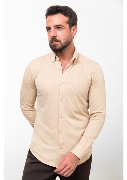 Desenli Bej Slim Fit Uzun Kollu Pamuk Erkek Gömlek