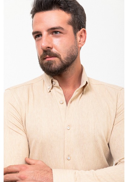 Desenli Bej Slim Fit Uzun Kollu Pamuk Erkek Gömlek