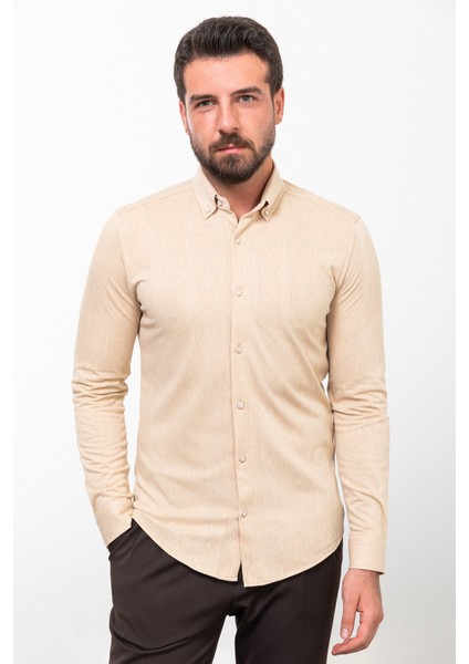 Desenli Bej Slim Fit Uzun Kollu Pamuk Erkek Gömlek