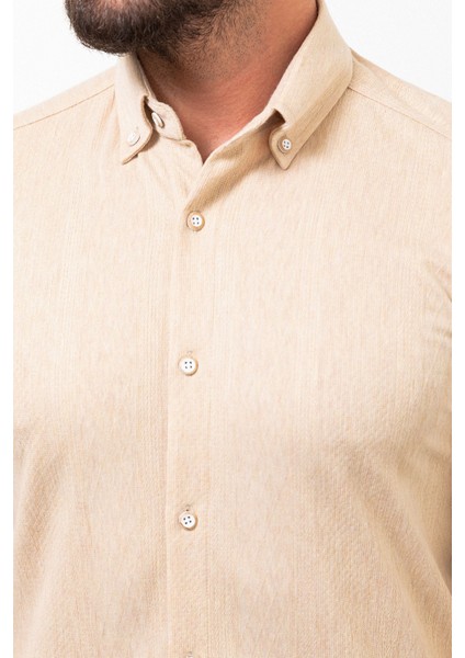 Desenli Bej Slim Fit Uzun Kollu Pamuk Erkek Gömlek fiyatları