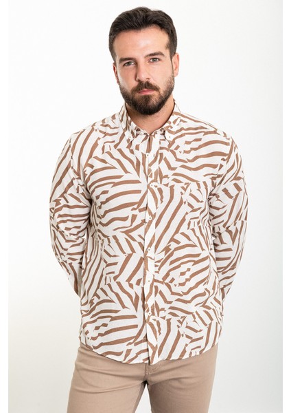 Desenli Kamel Slim Fit Uzun Kollu Erkek Gömlek modelleri