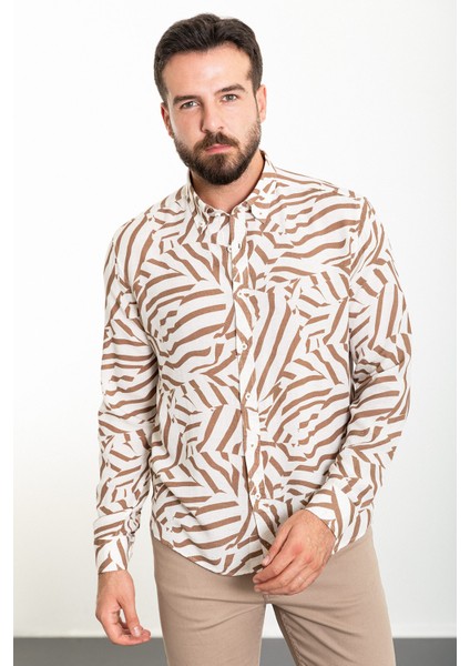 Desenli Kamel Slim Fit Uzun Kollu Erkek Gömlek fırsatları