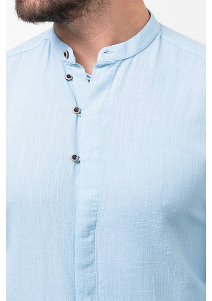 Desenli Mavi Renk Slim Fit Hakim Yaka Uzun Kollu Keten Erkek Gömlek fiyatları