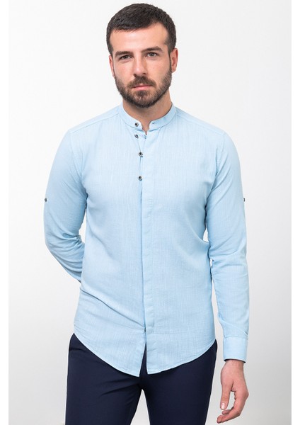 Desenli Mavi Renk Slim Fit Hakim Yaka Uzun Kollu Keten Erkek Gömlek modelleri