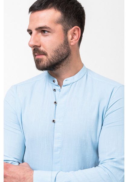 Desenli Mavi Renk Slim Fit Hakim Yaka Uzun Kollu Keten Erkek Gömlek fırsatları