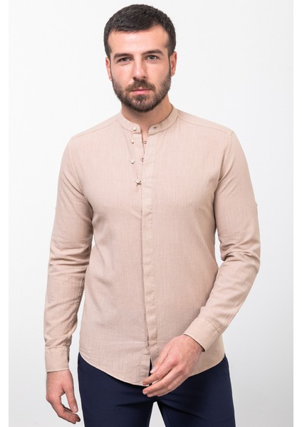 Desenli Bej Rengi Slim Fit Hakim Yaka Uzun Kollu Keten Erkek Gömlek