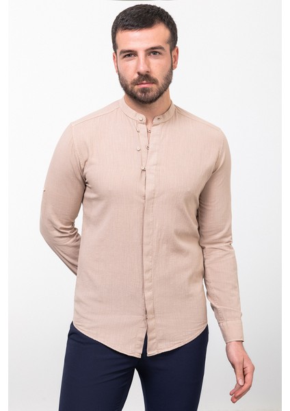 Desenli Bej Rengi Slim Fit Hakim Yaka Uzun Kollu Keten Erkek Gömlek modelleri