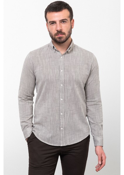 Kırçıllı Kahverengi Slim Fit Uzun Kollu Erkek Gömlek
