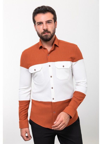 Parçalı Kiremit Rengi Slim Fit Uzun Kollu Pamuk Erkek Gömlek