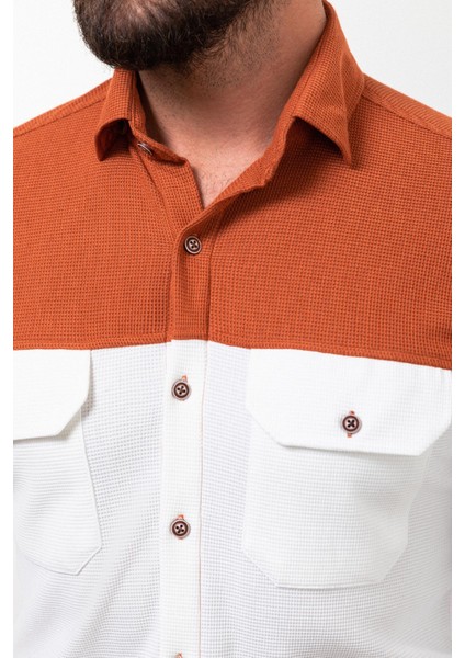 Parçalı Kiremit Rengi Slim Fit Uzun Kollu Pamuk Erkek Gömlek fiyatları