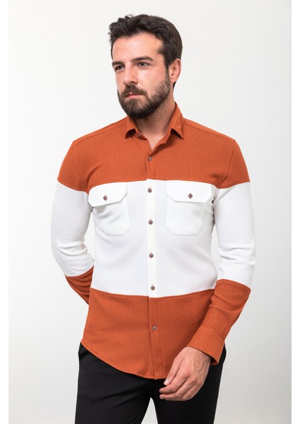 Parçalı Kiremit Rengi Slim Fit Uzun Kollu Pamuk Erkek Gömlek modelleri