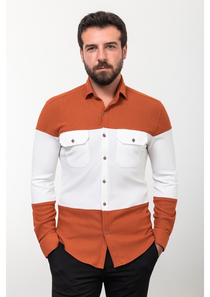 Parçalı Kiremit Rengi Slim Fit Uzun Kollu Pamuk Erkek Gömlek fırsatları