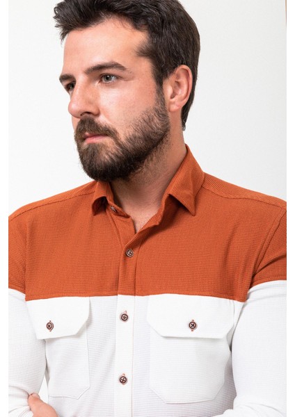 Parçalı Kiremit Rengi Slim Fit Uzun Kollu Pamuk Erkek Gömlek indirimleri