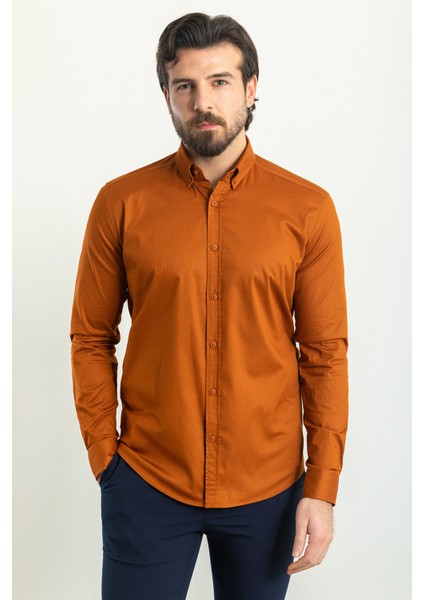 Çizgi Desenli Kiremit Rengi Slim Fit Uzun Kollu Erkek Gömlek