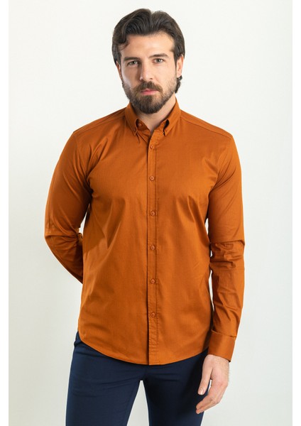 Çizgi Desenli Kiremit Rengi Slim Fit Uzun Kollu Erkek Gömlek modelleri