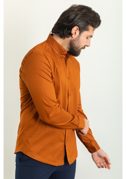 Çizgi Desenli Kiremit Rengi Slim Fit Uzun Kollu Erkek Gömlek fırsatları