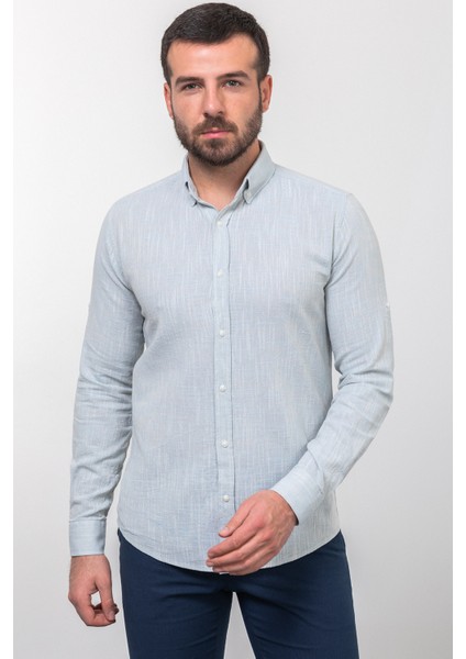 Kırçıllı Mavi Slim Fit Uzun Kollu Erkek Gömlek