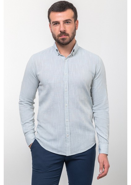 Kırçıllı Mavi Slim Fit Uzun Kollu Erkek Gömlek