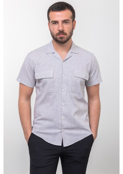 Kırçıllı Kahverengi Slim Fit Apaç Yaka Kısa Kollu Erkek Gömlek