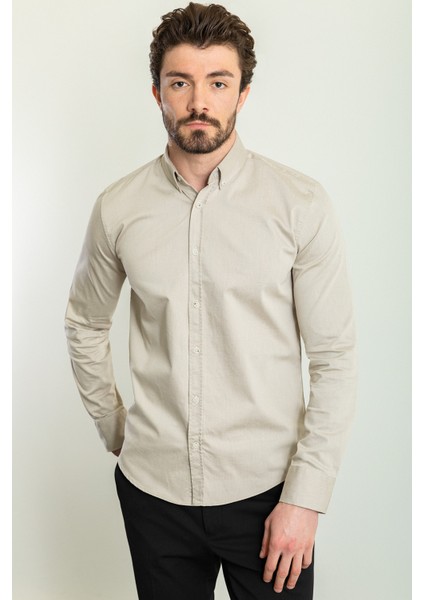 Düz Bej Rengi Slim Fit Uzun Kollu Erkek Gömlek