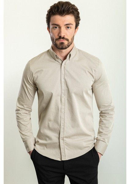 Düz Bej Rengi Slim Fit Uzun Kollu Erkek Gömlek modelleri