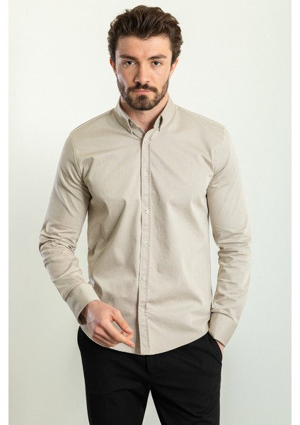 Düz Bej Rengi Slim Fit Uzun Kollu Erkek Gömlek fırsatları