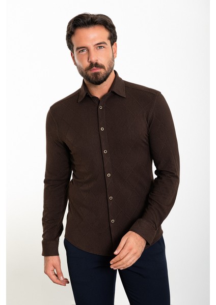 Desenli Kahverengi Slim Fit Erkek Gömlek modelleri