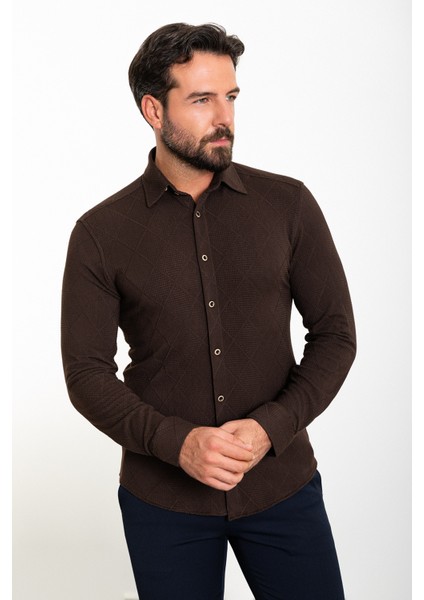 Desenli Kahverengi Slim Fit Erkek Gömlek fırsatları