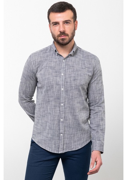 Kırçıllı Lacivert Slim Fit Uzun Kollu Erkek Gömlek