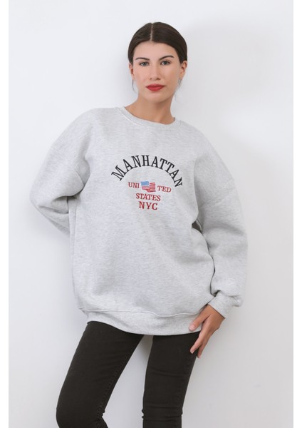 Kadın Oversize Sweatshirt Bisiklet Yaka Ribanalı Manhattan Nakışlı Kar Melanj - 9000