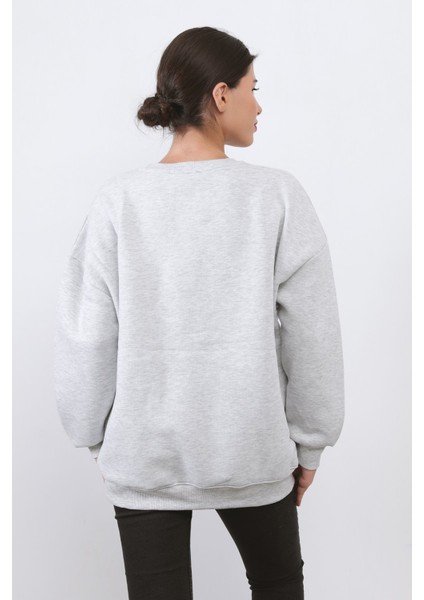 Kadın Oversize Sweatshirt Bisiklet Yaka Ribanalı Manhattan Nakışlı Kar Melanj - 9000