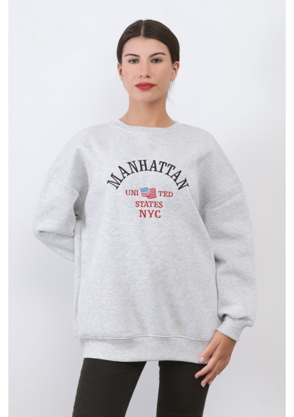 Kadın Oversize Sweatshirt Bisiklet Yaka Ribanalı Manhattan Nakışlı Kar Melanj - 9000