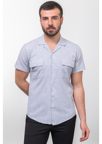 Kırçıllı Lacivert Renk Slim Fit Apaç Yaka Kısa Kollu Erkek Gömlek