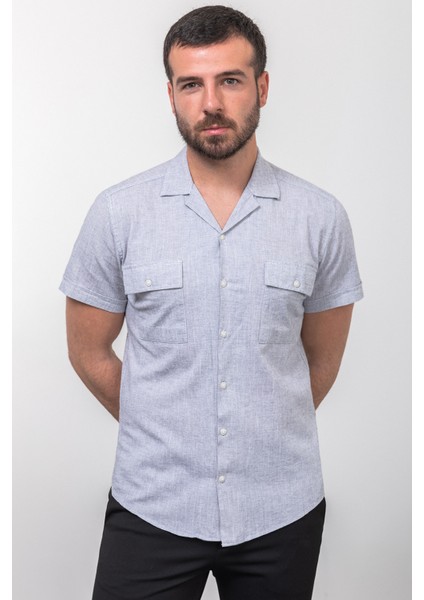 Kırçıllı Lacivert Renk Slim Fit Apaç Yaka Kısa Kollu Erkek Gömlek modelleri