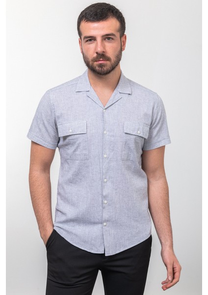 Kırçıllı Lacivert Renk Slim Fit Apaç Yaka Kısa Kollu Erkek Gömlek fırsatları