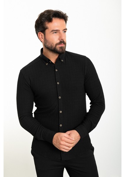 Çizgili Siyah Slim Fit Erkek Gömlek