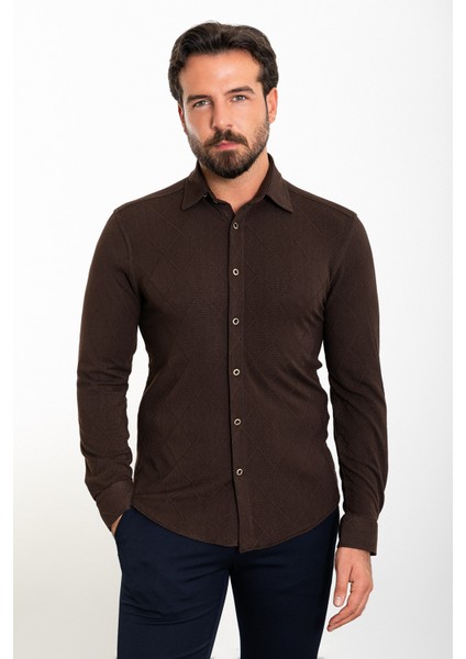 Desenli Kahverengi Slim Fit Erkek Gömlek