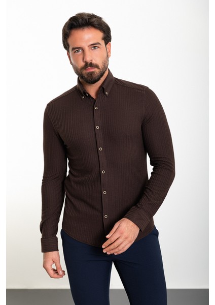 Çizgili Kahverengi Slim Fit Erkek Gömlek
