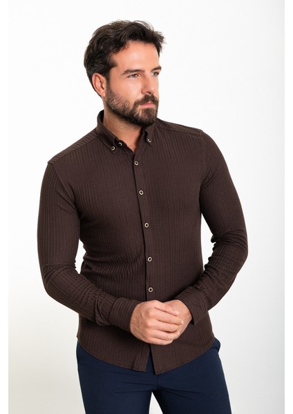 Çizgili Kahverengi Slim Fit Erkek Gömlek modelleri
