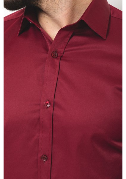 Düz Bordo Rengi Slim Fit Saten Klasik Erkek Gömlek fiyatları