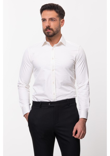 Düz Ekru Rengi Slim Fit Saten Klasik Erkek Gömlek