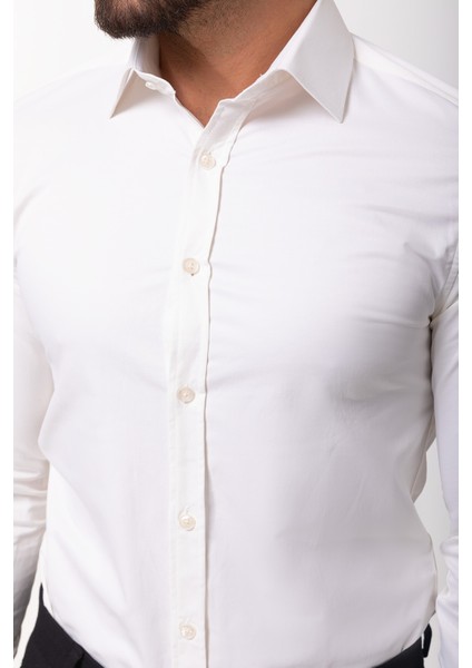 Düz Ekru Rengi Slim Fit Saten Klasik Erkek Gömlek fiyatları