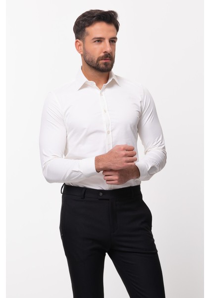 Düz Ekru Rengi Slim Fit Saten Klasik Erkek Gömlek modelleri